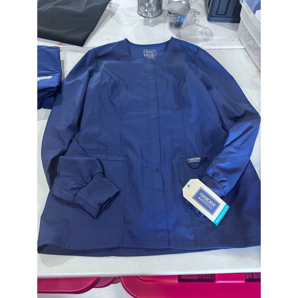 Cherokee Workwear Revolution Scrub Jacket Navy Blue Snap Front Womens M NWT